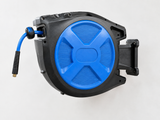 photo of Avante brand hose reel for Air tools outer body is black and the inner drum area is blue with a blue flexible hose coming out of the feeder